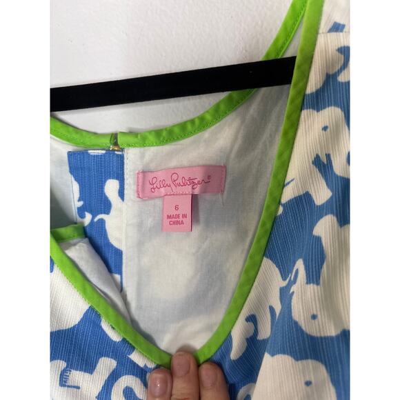 Lilly Pulitzer Tusk in the Sun Shift Dress Elephants Blue White Green Piping - Picture 8 of 16